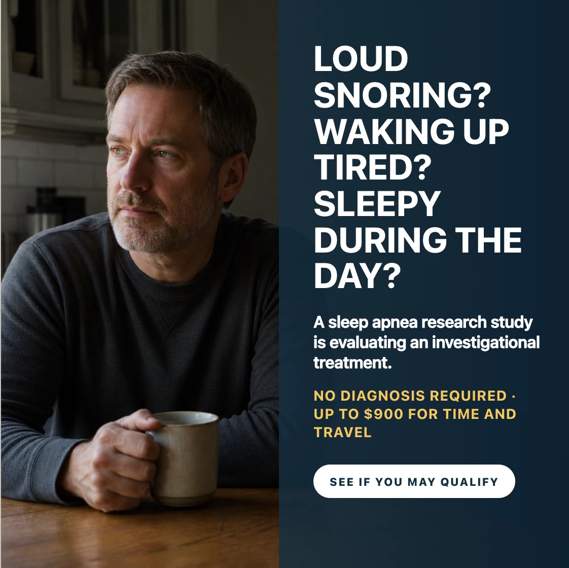 Sleep apnea research study advertisement about nighttime symptoms and daytime fatigue