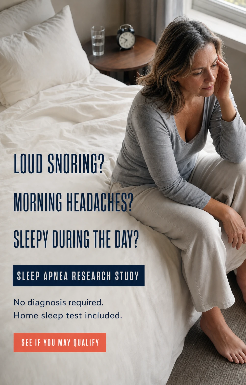 Sleep apnea research advertisement explaining an at-home sleep test
